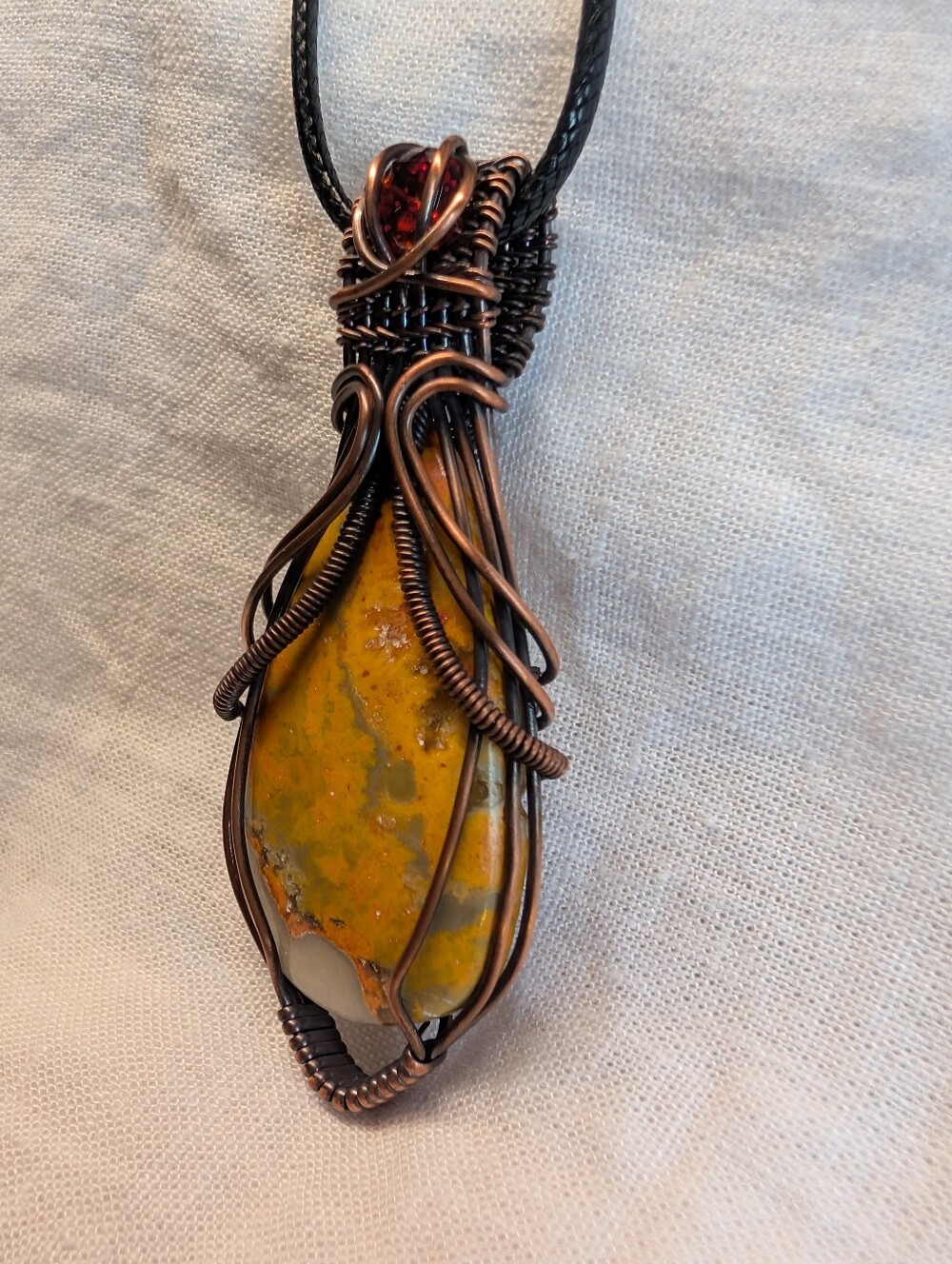Bumblebee Jasper & Garnet  Handmade Copper Wire Wrapped Pendant - Picture 4 of 7